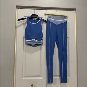 Blue and White Athletic Leggings and sports bra set